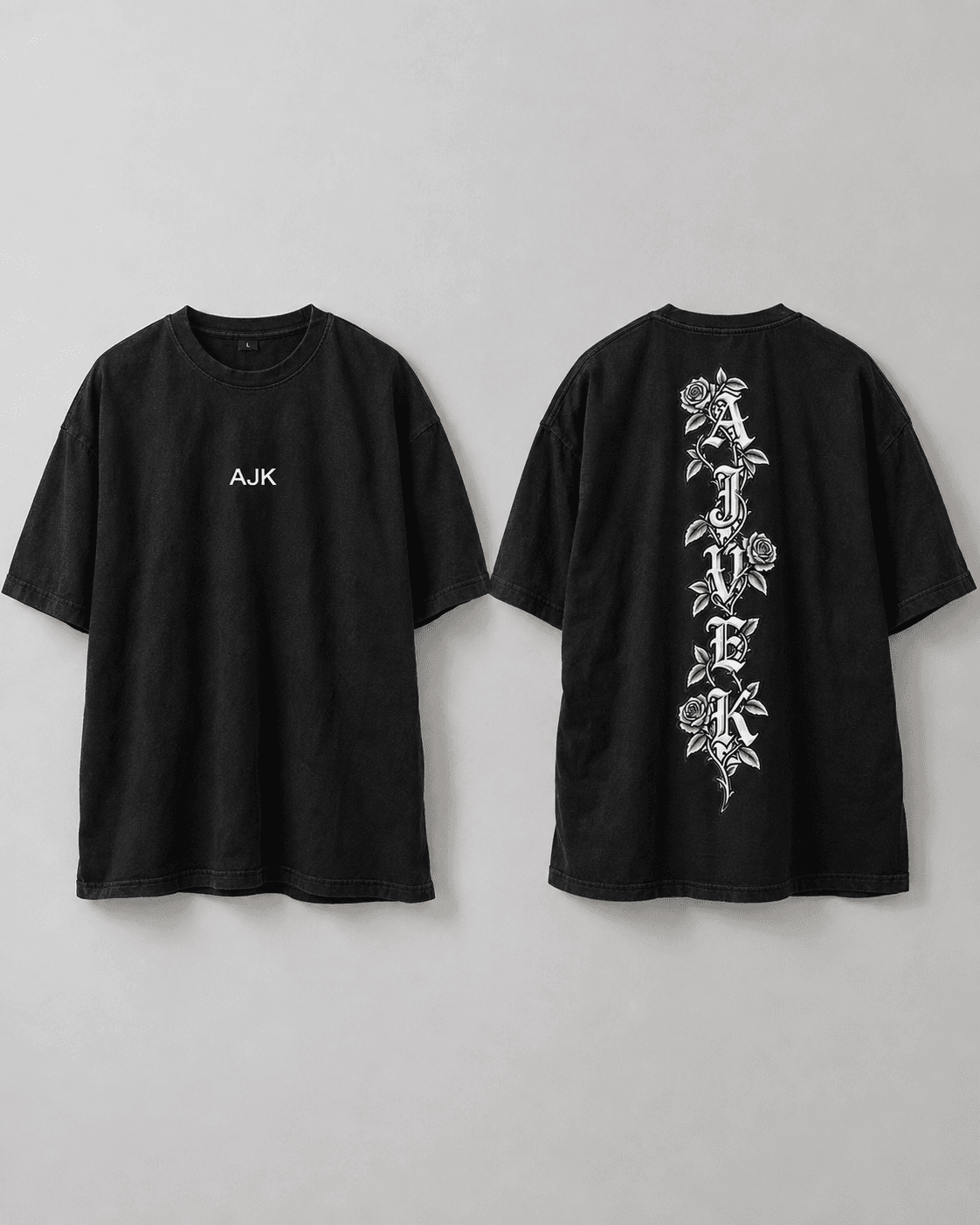 Tee-shirt AJVEK Roses noir, vue avant et arrière